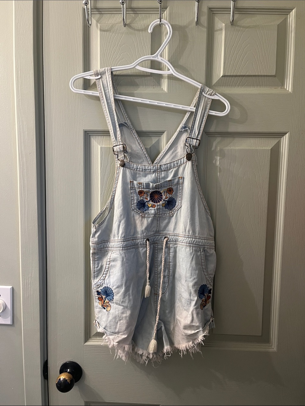 Spell Light Wash Denim Look Overalls with Multicolor Floral Embroidery